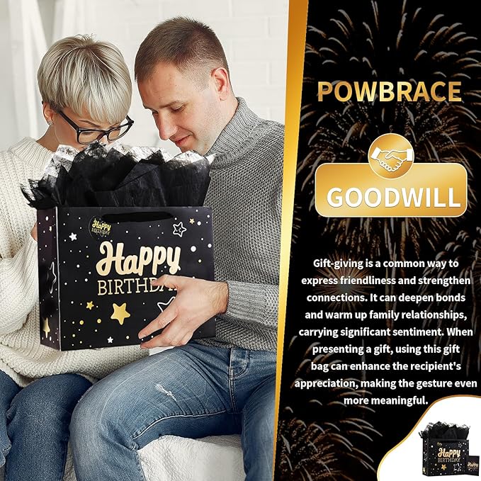 13" Black Happy Birthday Gift Bag with Tissue Paper and Greeting Card for Party,Happy Birthday Gift Bag for Men Women,Gift Bags Medium size(2 PCS Black Hot Stamping)