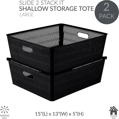 Simplify 4Pk Shallow Slide 2 Stack It Tote Basket | Storage & Organization | Open Bins with Stackable Capability | Bathroom | Crafts | Pantry | Playroom | Office | Black