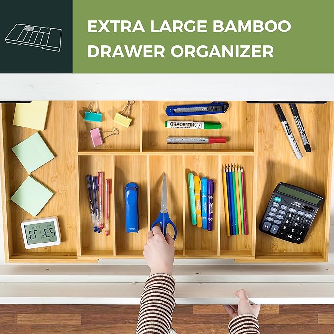 VaeFae Extra Large Kitchen Utensil Holder, Bamboo Silverware Drawer Organizer, Expandable Cutlery Organizer with Knife Block, Multifunctional Drawer Divider