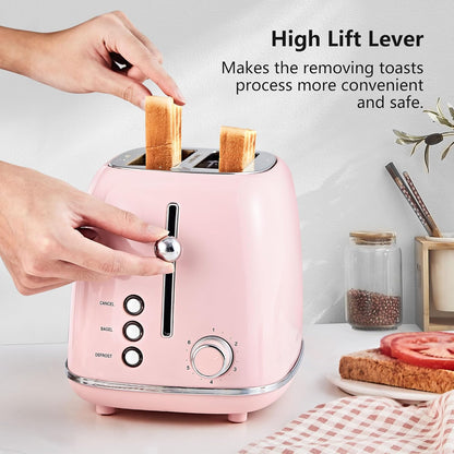 2 Slice Toaster Retro Stainless Steel with Bagel, Cancel, and Defrost Functions, 6 Bread Shade Settings, Extra Wide Slots and Removable Crumb Tray, Pink