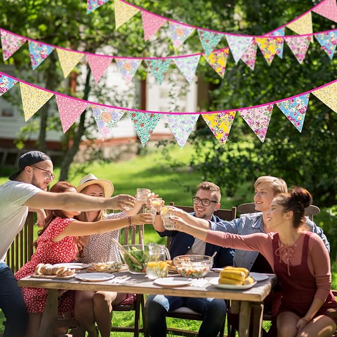 jijAcraft 39Ft Triangle Bunting Banner, 42Pcs Tea Floral Party Bunting Cotton Fabric Flags Pennant Garlands for Birthday Party, Wedding, Baby Shower, Outdoor and Home Decorations (Blue)