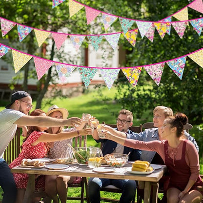 jijAcraft 39Ft Triangle Bunting Banner, 42Pcs Tea Floral Party Bunting Cotton Fabric Flags Pennant Garlands for Birthday Party, Wedding, Baby Shower, Outdoor and Home Decorations (Blue)