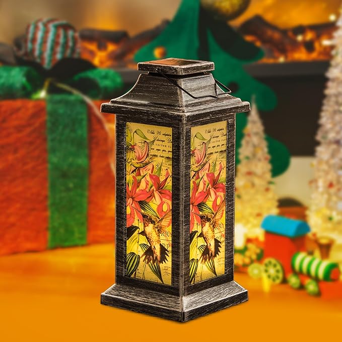 Topadorn Vintage Hummingbird Solar Lantern, Hanging Outdoor Light with Floral Print, Waterproof LED Lamp for Garden Patio Yard Decor