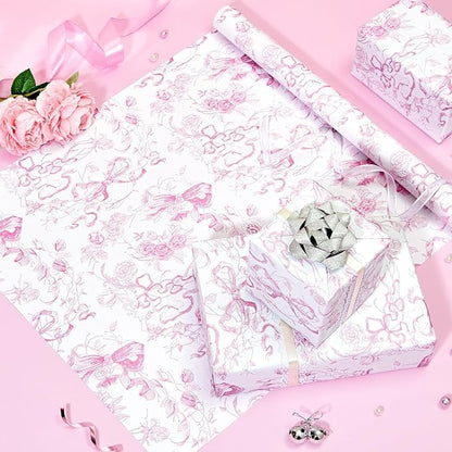WERNNSAI Pink Bow Floral Wrapping Paper - 1 Roll 17”x 33 ft Vintage Flower Gift Wrap Paper Pink Bow Princess Gift Packing for Girls Bridal Shower Wedding Coquette Birthday Party Favor