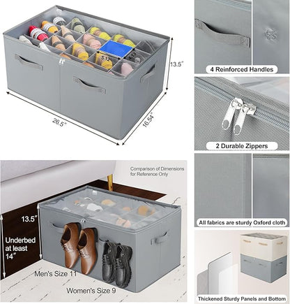 TOPIA HOME Shoe Organizer for Closet, Foldable Shoe Box with Adjustable Dividers and Clear Cover, Space Saving Shoe Storage Organizer Cabinet with Reinforced Handles, Fits 20 Pairs, Gray, TP10G