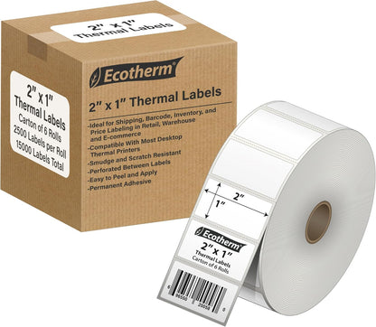 2"x1" Thermal Labels for Rollo, Munbyn, Zebra, Godex, Arkscan, iDPRT, Offnova Label Printers and More - White Paper Stickers - Small Multipurpose Labels | 15000 Labels | 6 Rolls | by Ecotherm