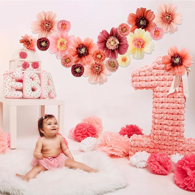 Crowye 12 Pcs Large Colorful Tissue Paper Flowers Decorations Giant Fiesta Craft Crepe Paper Flowers for Wall Decor Backdrop Mexican Wedding Birthday Carnival Party (10'' 20'',Vintage Color)