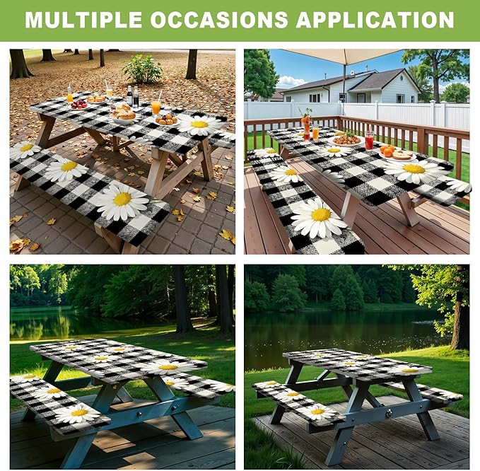 ANNA QUEEN 6FT Chrysanthemums Spring Picnic Table Cover with Bench Covers Picnic Table Cover Set 3PCS 72"x30", Waterproof Outdoor Bench and Tablecloth Furniture Protection for Camping Beach BBQ