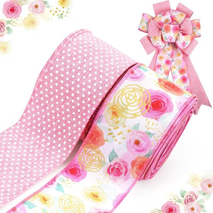LaRibbons Pink Floral Ribbon Wired 2 Rolls 2.5 Inch x 20 Yards TTL, Rose Flower and Polka Dot Burlap Ribbon for Spring Summer Mothers Day Crafts Gift Wrapping Wreath Bow Decoration
