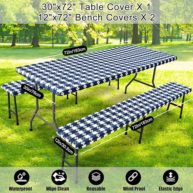 Smiry Picnic Table Cover with Bench Covers, Waterproof Elastic Fitted Tablecloth for 6 Foot Tables, Washable Polyester Tablecloths for Camping & Indoor (Dark Blue & White, 30x72 Inch 3-pc Set)