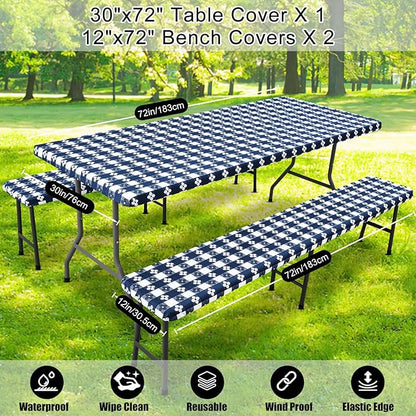 Smiry Picnic Table Cover with Bench Covers, Waterproof Elastic Fitted Tablecloth for 6 Foot Tables, Washable Polyester Tablecloths for Camping & Indoor (Dark Blue & White, 30x72 Inch 3-pc Set)