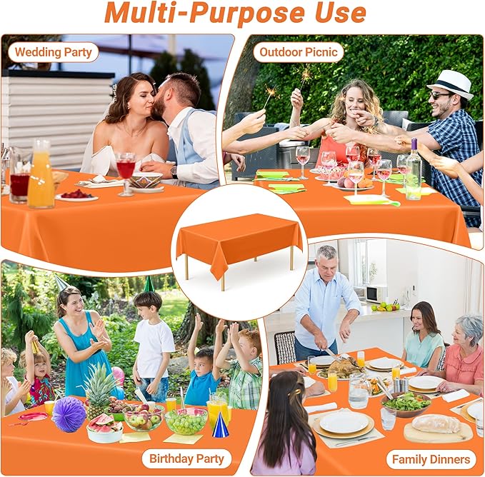 QZYL 4 PCS Table Cloth, 54" x 108" Orange Tablecloth Plastic, Multiple Colors Disposable Tablecloth for Indoor Outdoor Home Essentials, Waterproof Table Covers of Baptism Decorations Picnic Themed