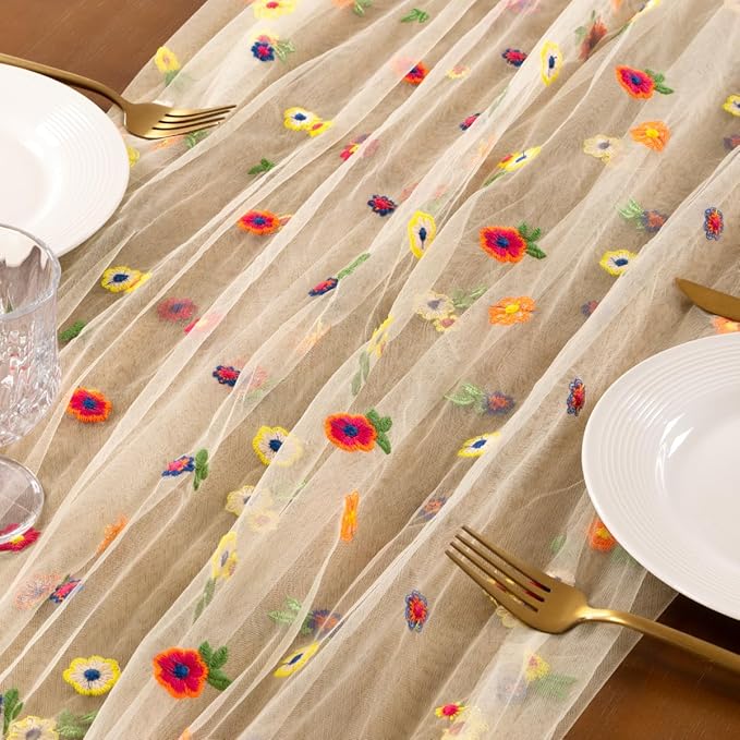 Socomi Flower Table Runner Summer Daisy Floral Tulle Gauze Cheesecloth Embroidery Table Runners for Tea Party Garden Wedding Bridal Baby Shower Birthday Picnic Decor Beige 3pcs