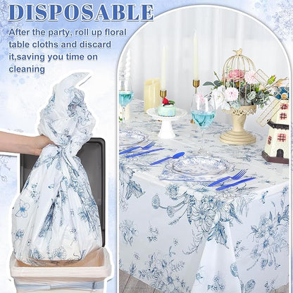 3 Pack Blue Floral Plastic Tablecloths, 54 X 108Inch Tea Party Tablecloth Disposable Table Cloths Blue and White Porcelain Tables Decor for Garden Wedding Tea Party Birthday Baby Bridal Shower