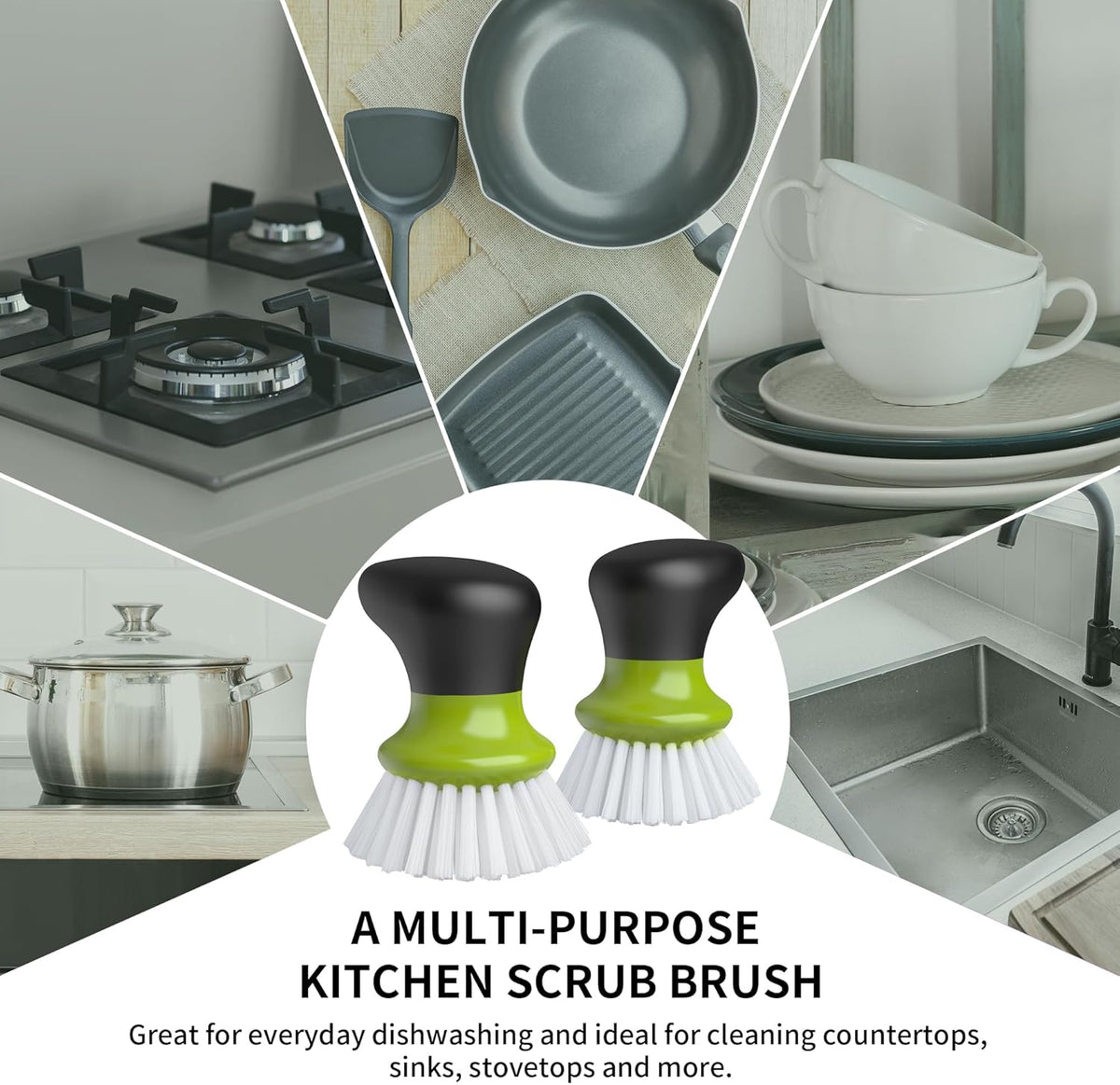 MR.SIGA Dish Scrub Brush, Palm Brush Dish Scrubber with Ergonomic Grip, Kitchen Brushes for Dishes, Green, Pack of 2