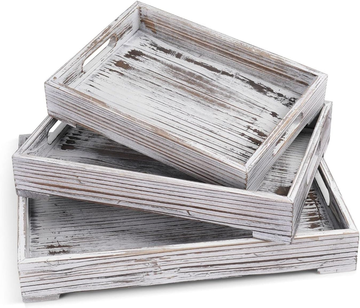 Flexzion Rustic Wooden Serving Tray with Handle - 3-Piece Set of Wooden Trays for Ottomans, Torched Whitewash Nesting Trays for Eating, Decoration