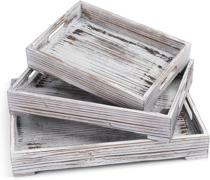 Flexzion Rustic Wooden Serving Tray with Handle - 3-Piece Set of Wooden Trays for Ottomans, Torched Whitewash Nesting Trays for Eating, Decoration