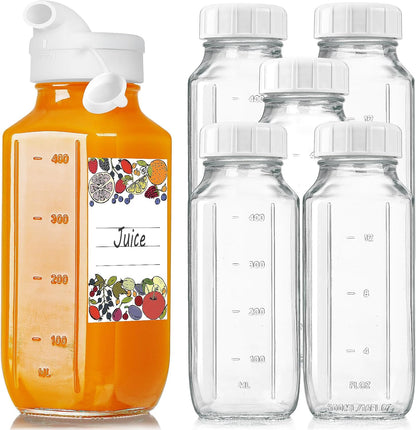 6 Pack 16 Oz Glass Juice Bottles with Pour Spout, 100% Airtight Heavy Duty Screw Lid- Reusable Glass Milk Bottles w Capacity Mark