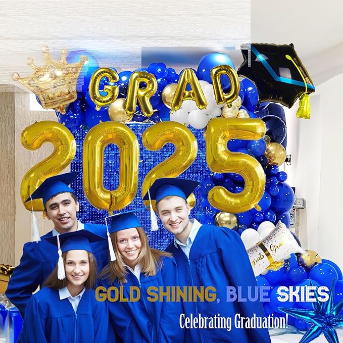 Blue Themed Graduation Balloon Garland Arch Kit with foil Balloons for High School College students graduate class of 2025 Prom Congrats Party Decorations Backdrop (Blue white gold)