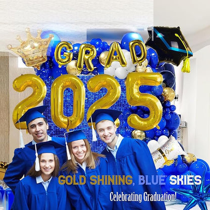 Blue Themed Graduation Balloon Garland Arch Kit with foil Balloons for High School College students graduate class of 2025 Prom Congrats Party Decorations Backdrop (Blue white gold)
