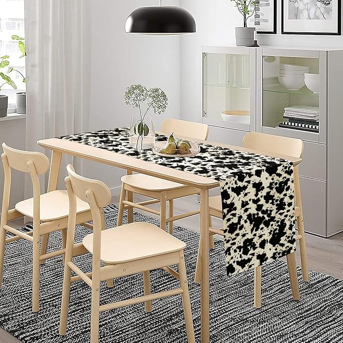 Cow Print Table Runner, Black White Animal Fur Skin Rustic Cowhide Pattern Table Runner for Kitchen Farmhouse Dining Home Outdoor Party 13x70in