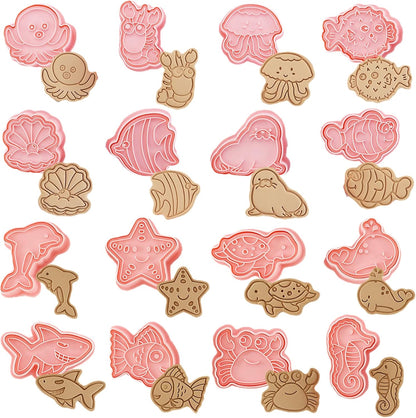 16Pcs Ocean Animal Cookie Cutters with Plunger Stamps Set, Fish, Dolphin, Starfish Plastic Biscuit Cutters