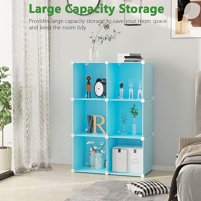 C&AHOME Cube Storage Organizer, 6-Cube Shelves Units, Closet Cabinet, DIY Plastic Modular Book Shelf, Ideal for Bedroom, Living Room, Office, 36.6" L x 12.4" W x 36.6" H Blue UPCS06L