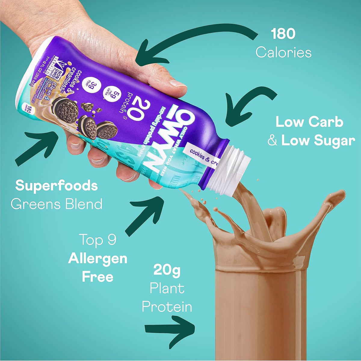 OWYN Only What You Need Plant Based Protein Shake, 20g Vegan Protein from Organic Pumpkin Seed, Flax, Pea Blend, Prebiotic Supplement, Superfood Greens, Gluten & Soy-Free (Cookies & Creamless)