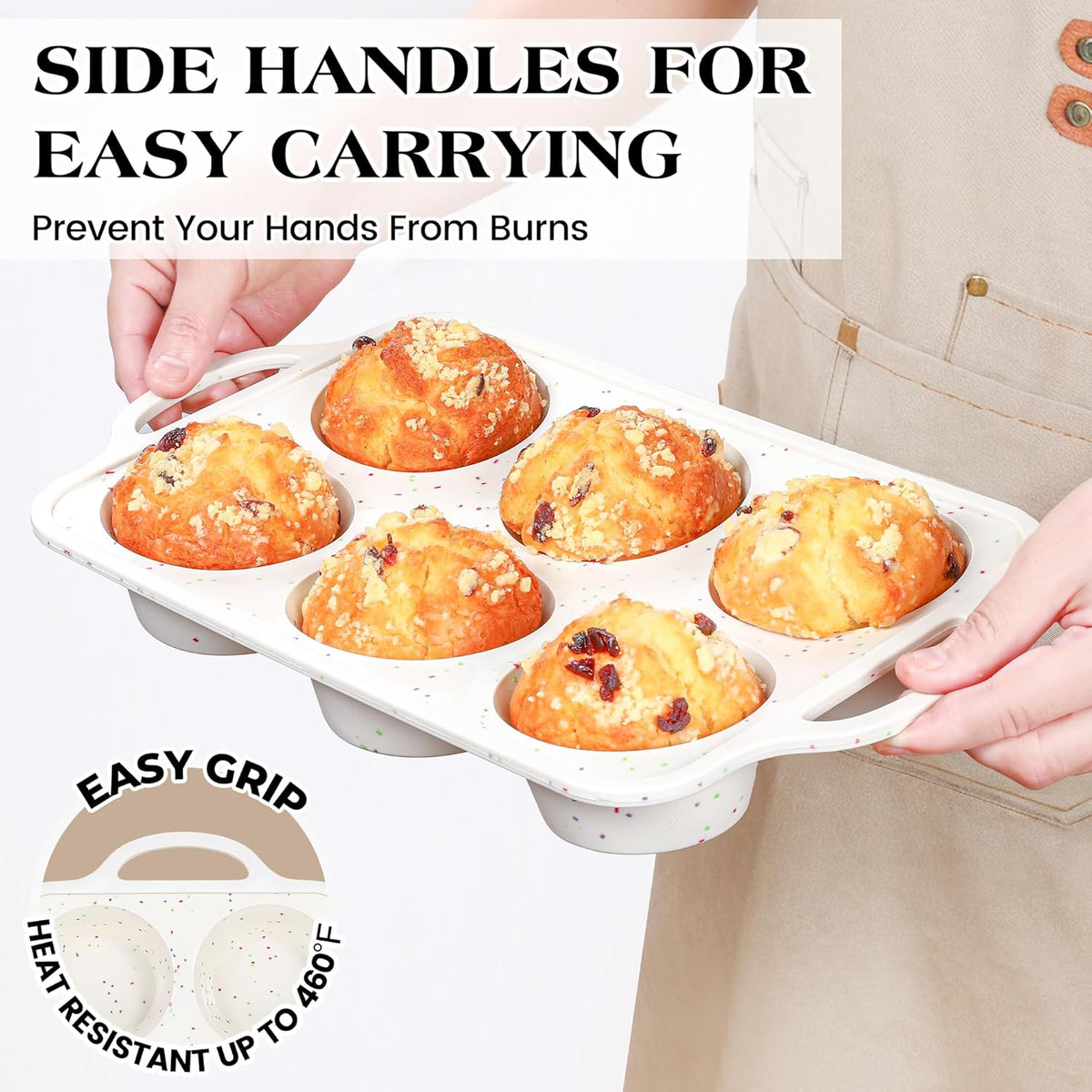 1 Pc Jumbo Muffin Pan with Metal Frame, Nonstick 6 Cup Extra Large Cupcake Pan for Baking, Silicone Deep Muffin Tray for Egg Bites (Cream)