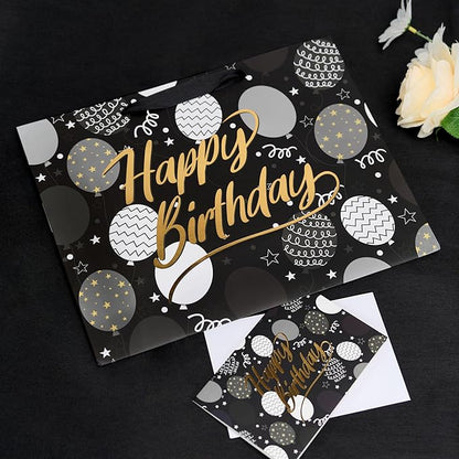 Bobobag 13" Black Birthday Gift Bag with Tissue Paper and Greeting Card for Men, Gift Ideals for Adults, Boys and Kids