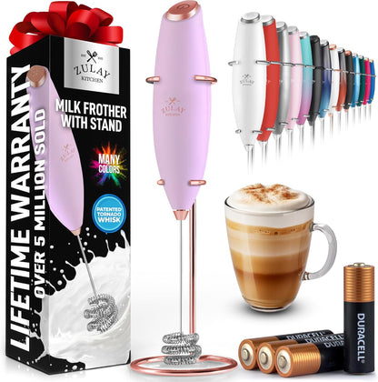 Zulay Kitchen Tornado Whisk Milk Frother with 4 AA Duracell Batteries - Triple Whisk for More Power - Handheld Coffee Frother with Stand - Drink Mixer for Lattes, Matcha & Protein Shakes