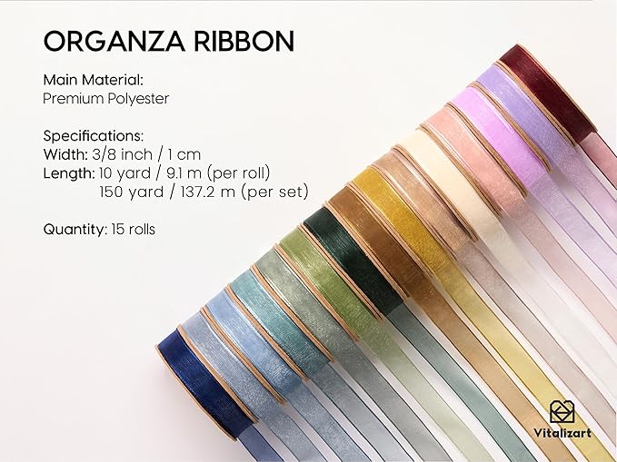 Vitalizart 3/8" x 150 Yards Organza Ribbon Mixed Color 15 Rolls x 10 Yd Sheer Ribbon for Gift Wrapping Crafts Christmas Tree Bows Wedding Invitations Wreaths Party Decor Bouquet DIY Projects