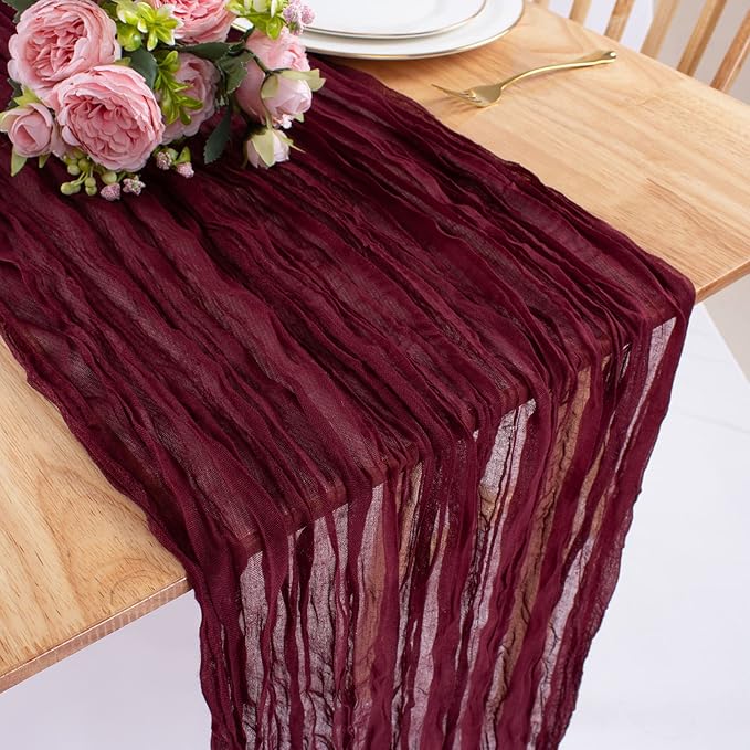 Burgundy Cheesecloth Table Runner 10FT Boho Rustic Sheer Cheese Cloth Table Runners 120 Inch Gauze Table Decorations for Wedding Party Bridal Shower Birthday Home Decor