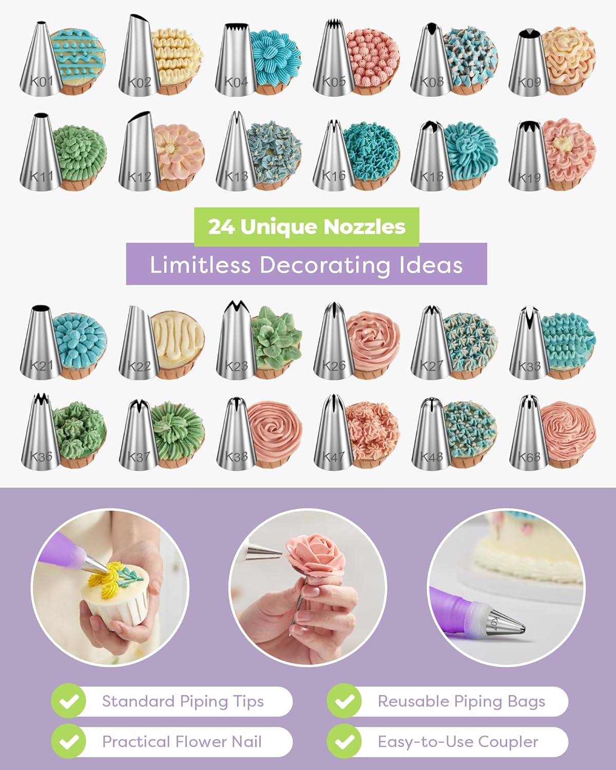 Kootek 32-Piece Piping Bags and Tips Set with 24 Icing Piping Tips, 2 Reusable Pastry Bags 12 Inch, Reusable Piping Icing Bags and Tips