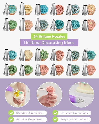 Kootek 32-Piece Piping Bags and Tips Set with 24 Icing Piping Tips, 2 Reusable Pastry Bags 12 Inch, Reusable Piping Icing Bags and Tips