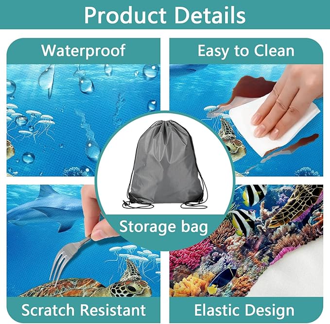 Ocean Animals Picnic Table Cover with Bench Covers, Camping Essentials, Underwater Sea Turtles Waterproof Windproof, Fitted Tablecloth Cover with Elastic Edge, for Garden & Outdoor, 3 PCS, 30x96 Inch