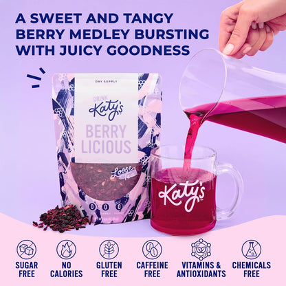 Katy’s® Berrylicious Loose Leaf Tea, Hibiscus, Blueberry & Cranberry, Fruity Herbal Tea, Caffeine-Free Fruit Tea, Cold Brew or Hot, 30+ Cups