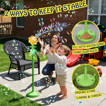 AIERSA Flower Bubble Stand Machine,Sunflower Bubble Maker with Lights, Tall Adjustable Rechargeable Automatic Bubble Blower for Outdoor Backyard Party