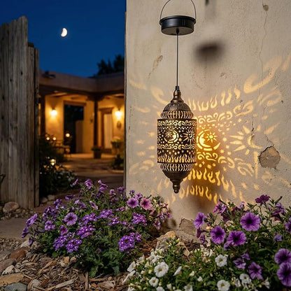 Hapjoy Moroccan Hanging Solar Lights Outdoor Garden Decor Sun and Moon Decorations Solar Lantern Waterproof for Patio Pathway Yard Backyard Garden Decorative (Cylinder, 2)