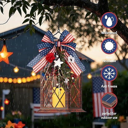 Patriotic Solar Lanterns Outdoor, Waterproof Garden Hanging Lanterns, 13" Patriotic Decorations Outdoor Lantern with Led Flameless Candles, 4th of July Lantern for Porch, Yard, Patio Decor