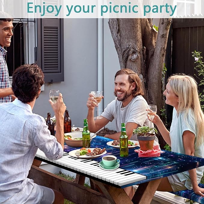 Piano Keyboard Picnic Table Cover with Bench Covers, Camping Essentials, Music Themed Waterproof Windproof, Fitted Tablecloth Cover with Elastic Edge, for Outdoor, Garden, 3 PCS, 30x72 Inch