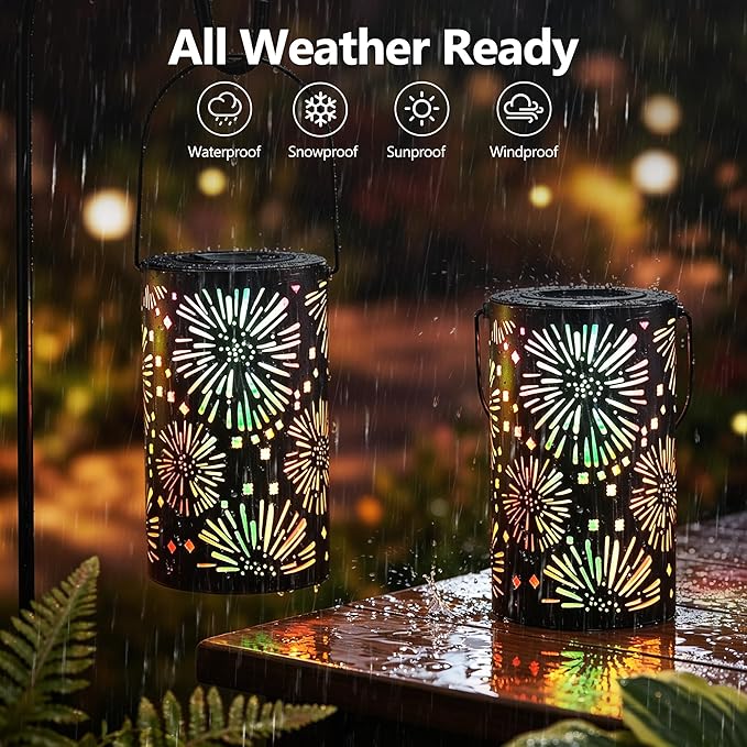 Brizled Solar Lantern Outdoor, July 4th Firework Lanterns Colorful, Waterproof LED Solar Tabletop Lamp, 2 Pack Hanging Solar Garden Lanterns, Metal Garden Pathway Lighting for Patio Path Porch Balcony