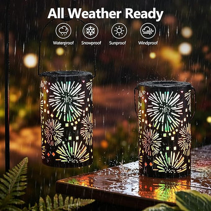 Brizled Solar Lantern Outdoor, July 4th Firework Lanterns Colorful, Waterproof LED Solar Tabletop Lamp, 2 Pack Hanging Solar Garden Lanterns, Metal Garden Pathway Lighting for Patio Path Porch Balcony