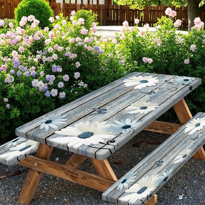 Rustic Daisy Picnic Table Cover with Bench Covers, Farmhouse Vintage Floral on Wooden Board Blue Flower Tablecloth for Camping Indoor Outdoor Party Decorations, 30X72in