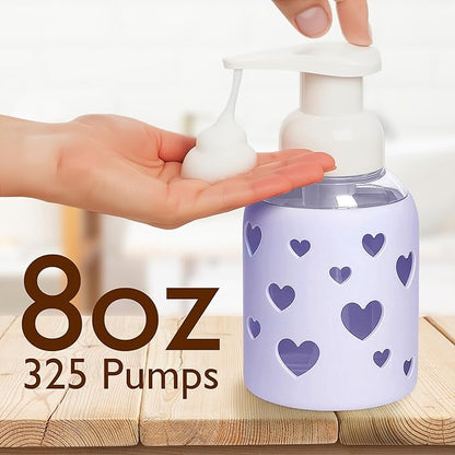 SoCal Suds & Company Foaming Hand Soap Dispenser Glass, Liquid Soap Pump with Heart Silicone Sleeve, Refillable Bottle for Kids, Baby Wash & Shampoo, Ideal for Bathroom & Kitchen Use, Soft Purple, 8oz