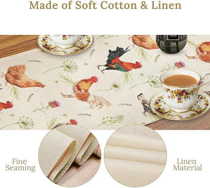 Farmhouse Rooster Table Runner, Rustic Farm Animals Cow Pig Chicken Coffee Table Center Decor for Home Kitchen Dining Patio Holiday Party Indoor Outdoor Table Decorations, 13"x90" Inch
