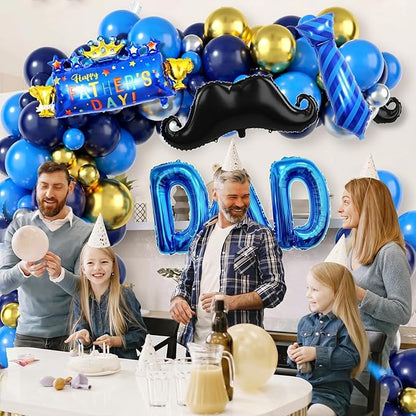 Happy Fathers Day Decoration, Navy Blue Father's Day Balloon Arch, Blue Gold Balloon Garland Kit with Beard Tie & DAD Foil Balloons for Happy Father's Day Family Birthday Party Decoration Supplies