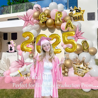 Pink and Gold Themed Graduation Balloon Garland Arch Kit with Large foil Balloons for High School College students graduate class of 2025 Prom Congrats Party Decorations Backdrop (Pink white gold)