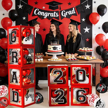 Graduation Decorations Class of 2026, Red and Black Graduation Decorations, Balloons Boxes (4PCS) with Letters 2026 GRAD So Proud of You, Congrats Grad Decorations for High School & College