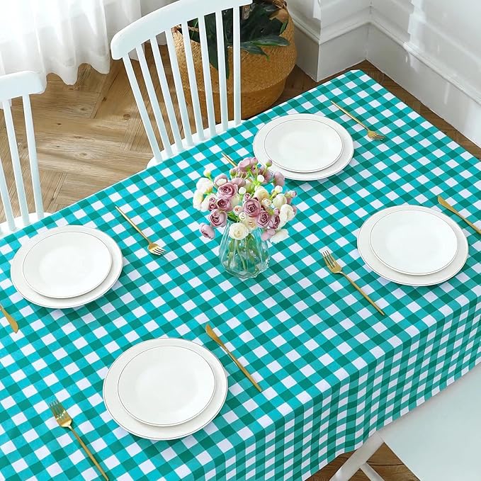 Romanstile Rectangle Vinyl Tablecloth, 100% Waterproof Buffalo Gingham Plastic Table Cloth, Heavy Duty Wipeable Checkered Table Covers for Outdoor, Camping, Picnic, Patio - 60 x 84, Teal Green